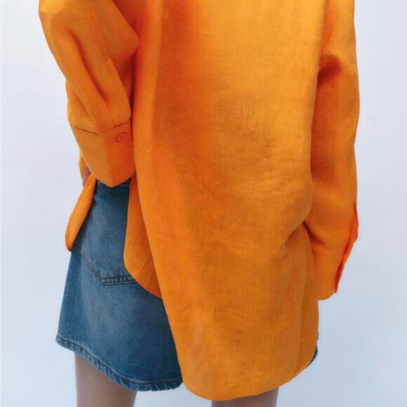 ZARA Linen Orange Button Down Collared Shirt - Picture 3 of 9